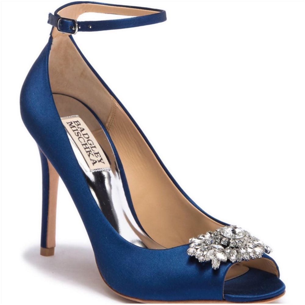 Badgley Mischka Blue Kali Satin Ankle-strap Pumps - Picture 1 of 12
